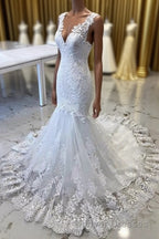 Luxury V Neck Lace Tulle Mermaid Wedding Dress with Appliques