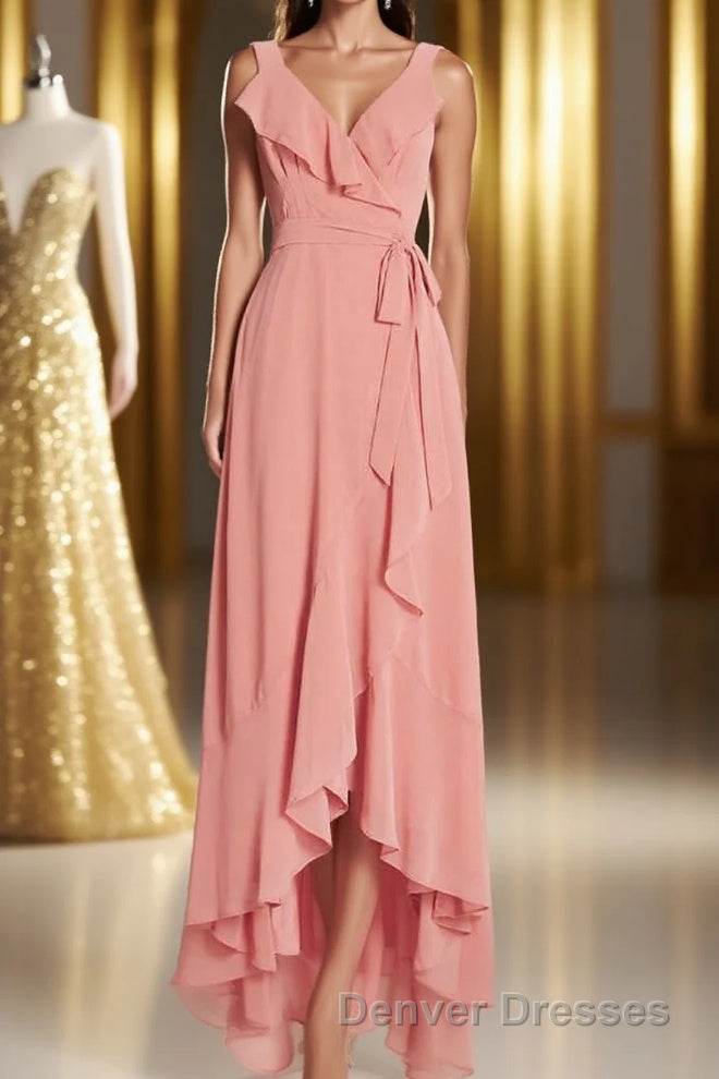 Peach Straps Ruffled High-Low Bridesmaid Dress Main image