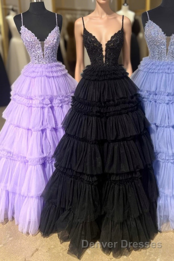 Black Layers Plunging V A-line Floral Long Prom Dress