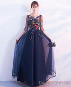 Dark Blue Tulle Lace Long Prom Dress Blue Evening Dress