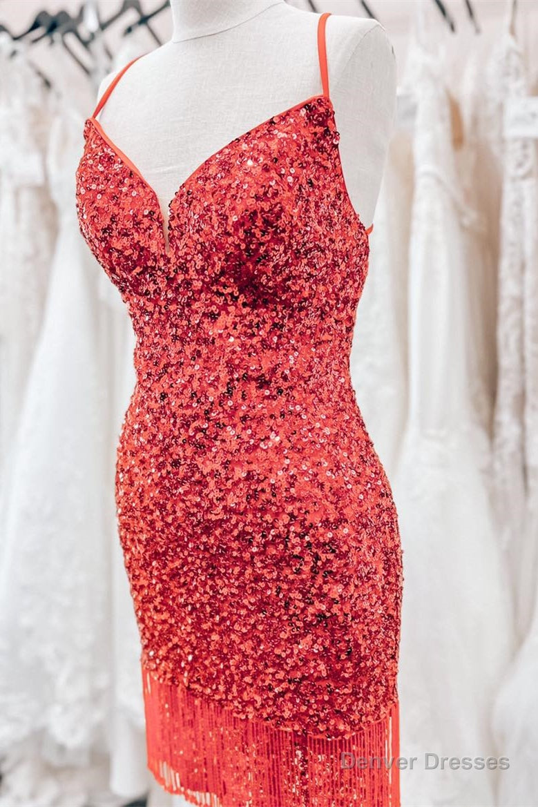 Red Lace-Up Sequins Sheath V Neck Homecoming Dress with Tassels Main image