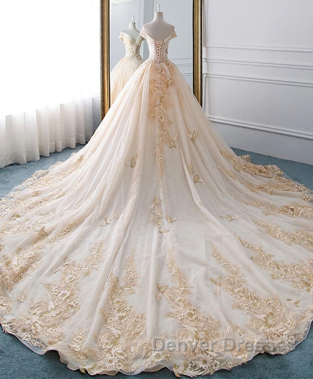 Unique Champagne Tulle Lace Long Wedding Dress, Bridal Gown Secondary image