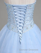Light Blue Ball Gown Floor Length Sweetheart Strapless Sleevless Beading Prom Dress
