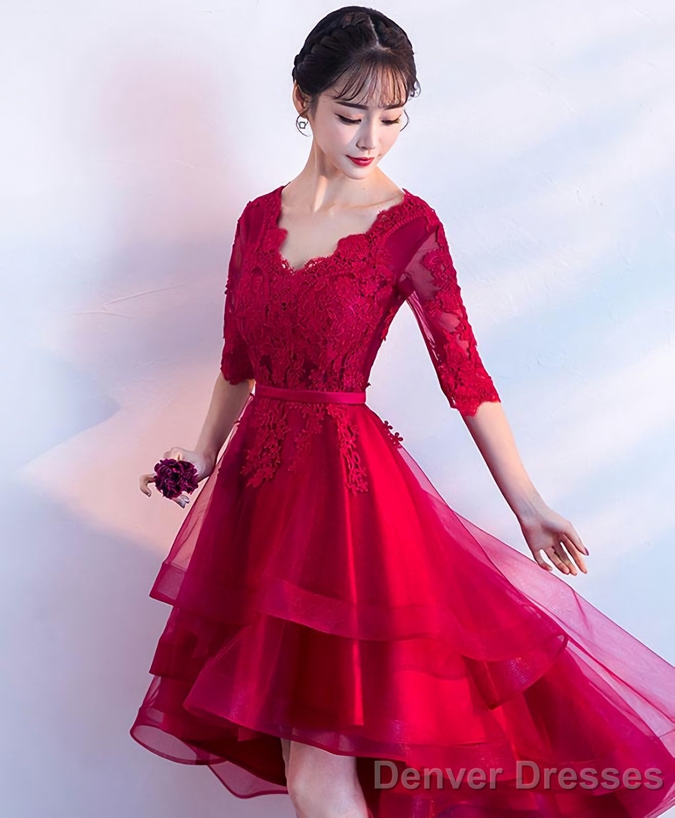 Burgundy V Neck Tulle Lace Short Prom Dress Bridesmaid Dress