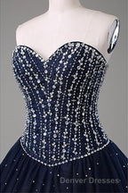 Navy Blue Ball Gown Floor Length Sweetheart Sleeveless Mid Back Prom Dress