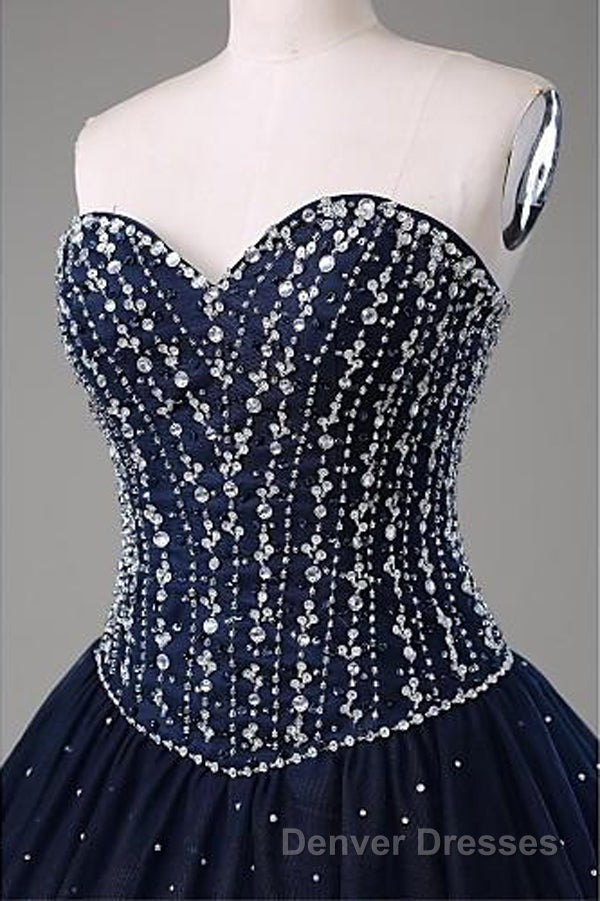 Navy Blue Ball Gown Floor Length Sweetheart Sleeveless Mid Back Prom Dress
