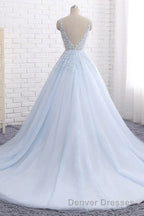 Ball Gown Chapel Train V Neck Sleeveless Backless Appliques Prom Dress