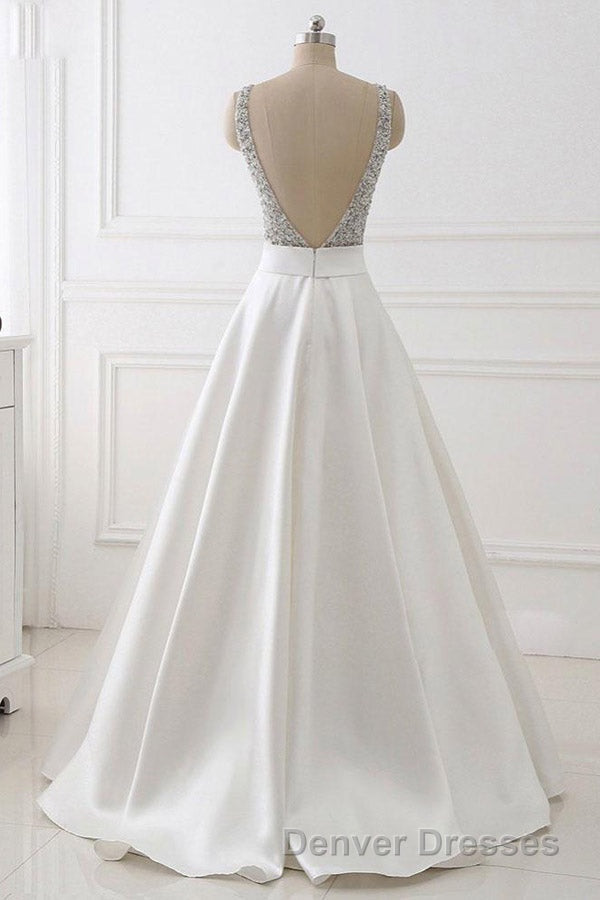 A Line Brush Train Deep V Neck Sleeveless Beading Prom Dress