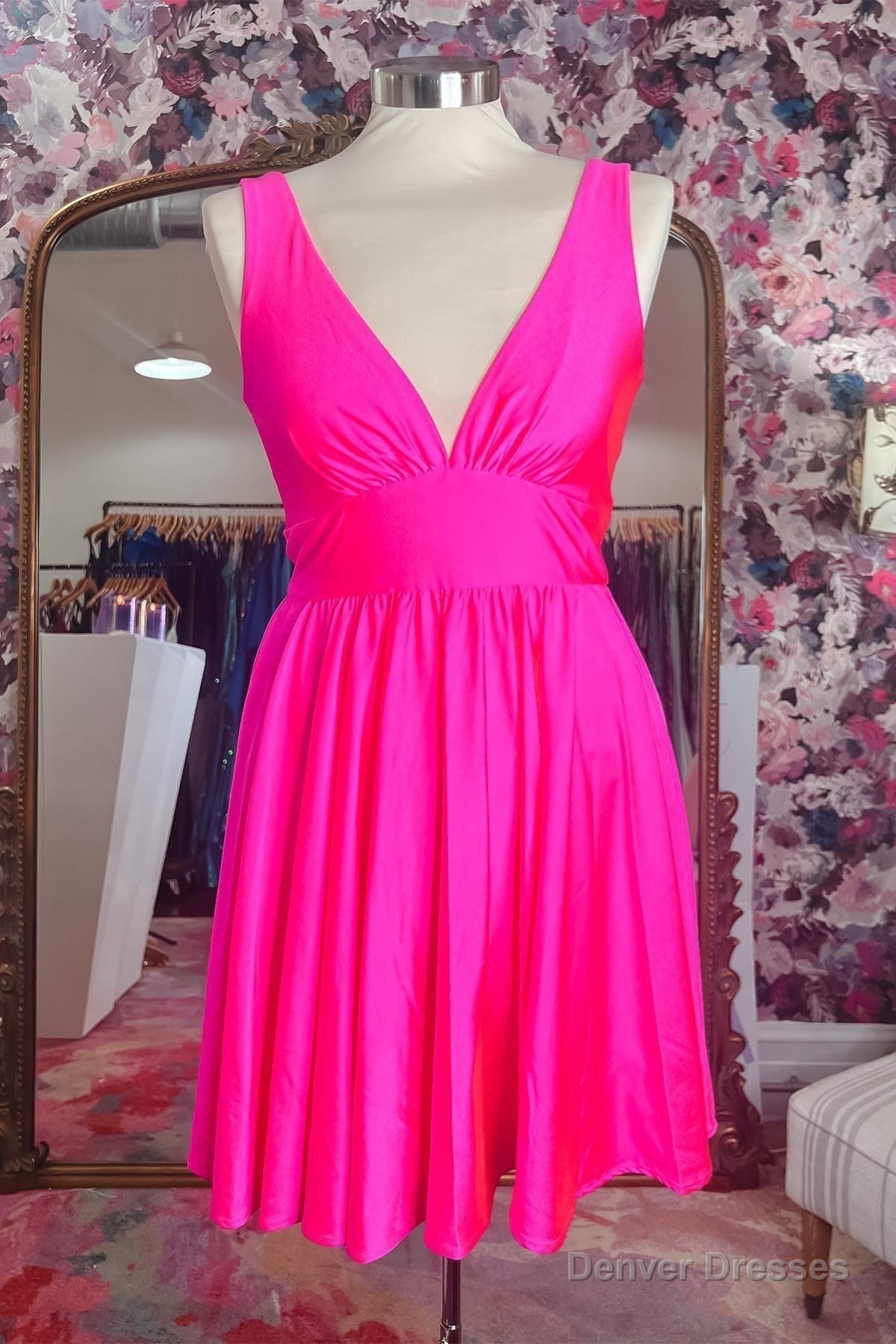 Hot Pink Deep V Neck A-line Satin Homecoming Dress Main image