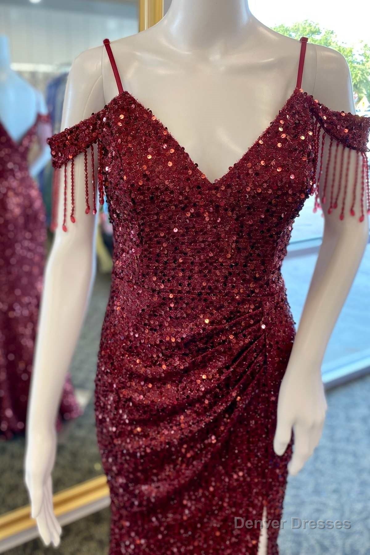 Wine Red Sequin Fringe Cold-Shoulder Long Prom Dress with Slit Main image