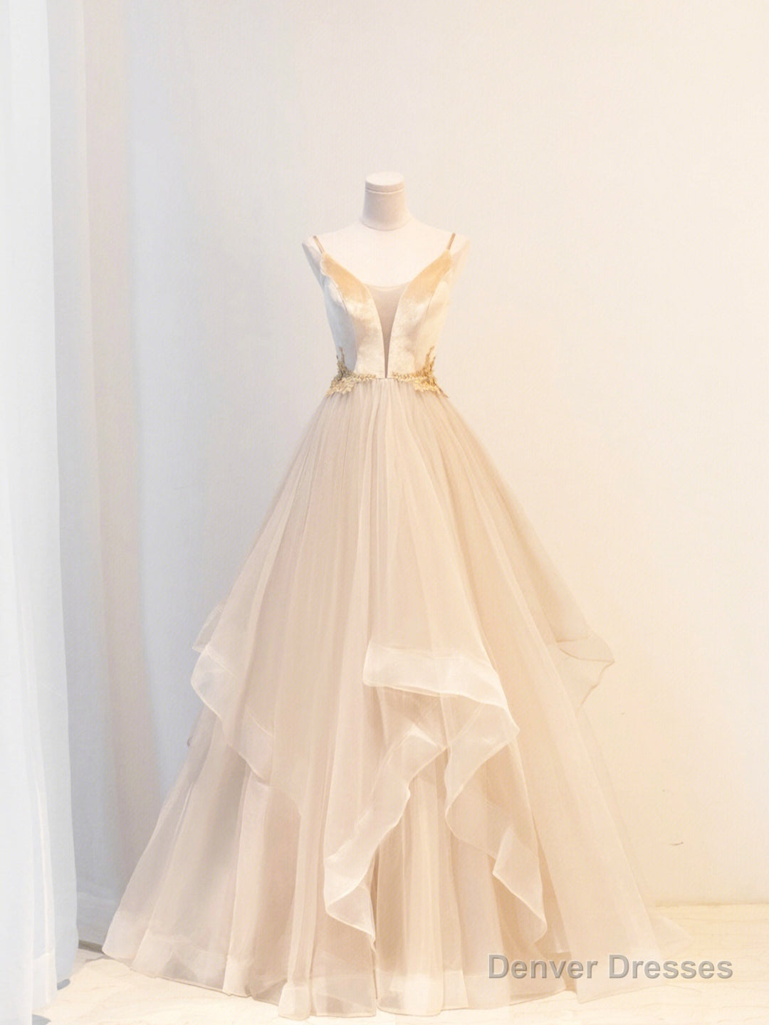 Champagne Velvet and Tulle Long Prom Dress, V-Neck Spaghetti Strap Evening Dress Main image