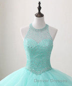 Mint Ball Gown Floor Length Halter Keyhole Back Beading Ruffles Prom Dress