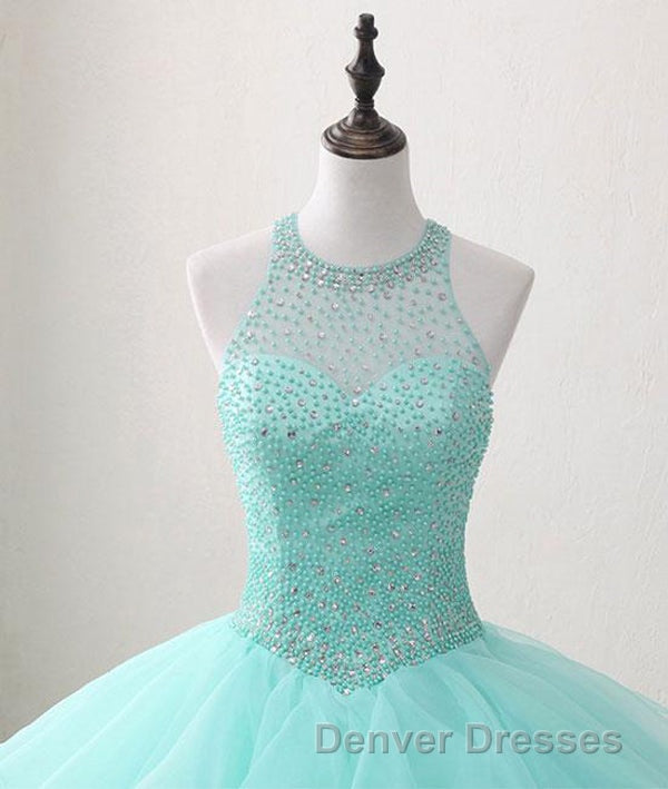 Mint Ball Gown Floor Length Halter Keyhole Back Beading Ruffles Prom Dress
