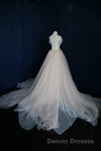 Elegant V Neck Off-shoulder Tulle Pleat Sweep Train Wedding Dress