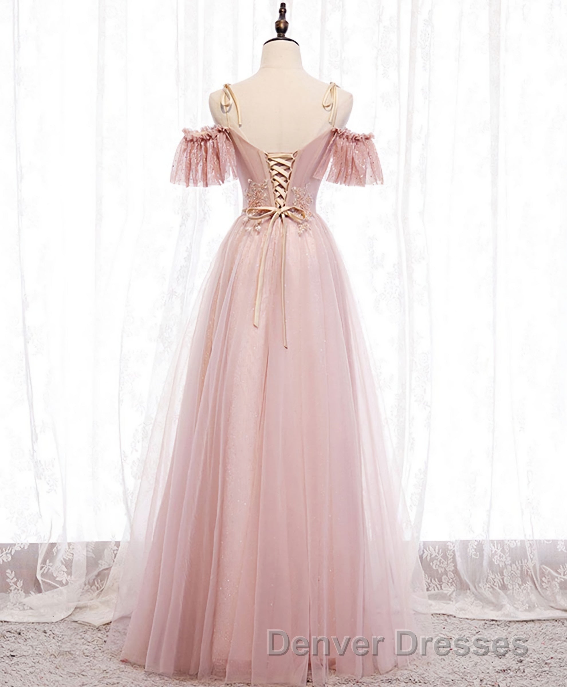 Pink V Neck Tulle Lace Long Prom Dress, Pink Bridesmaid Dress, 1 Secondary image