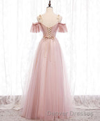 Pink V Neck Tulle Lace Long Prom Dress, Pink Bridesmaid Dress, 1