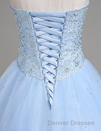Light Blue Ball Gown Floor Length Sweetheart Strapless Sleevless Beading Prom Dress