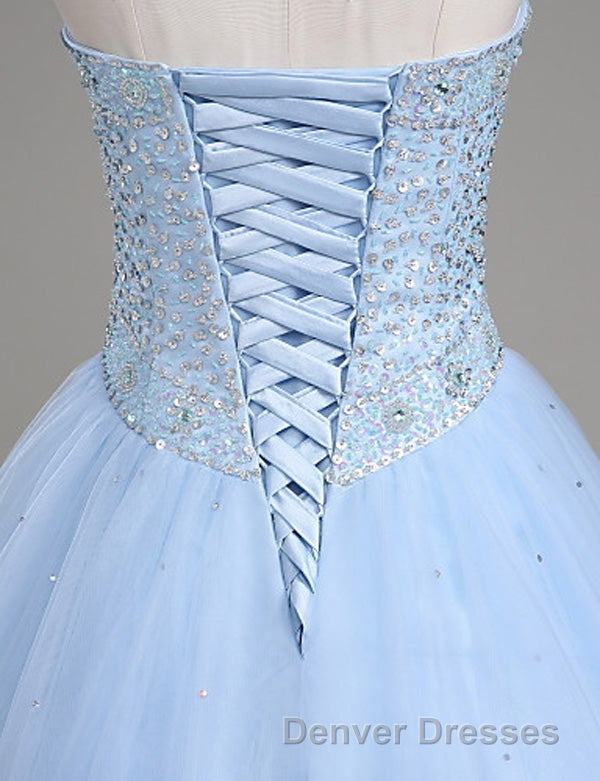 Light Blue Ball Gown Floor Length Sweetheart Strapless Sleevless Beading Prom Dress