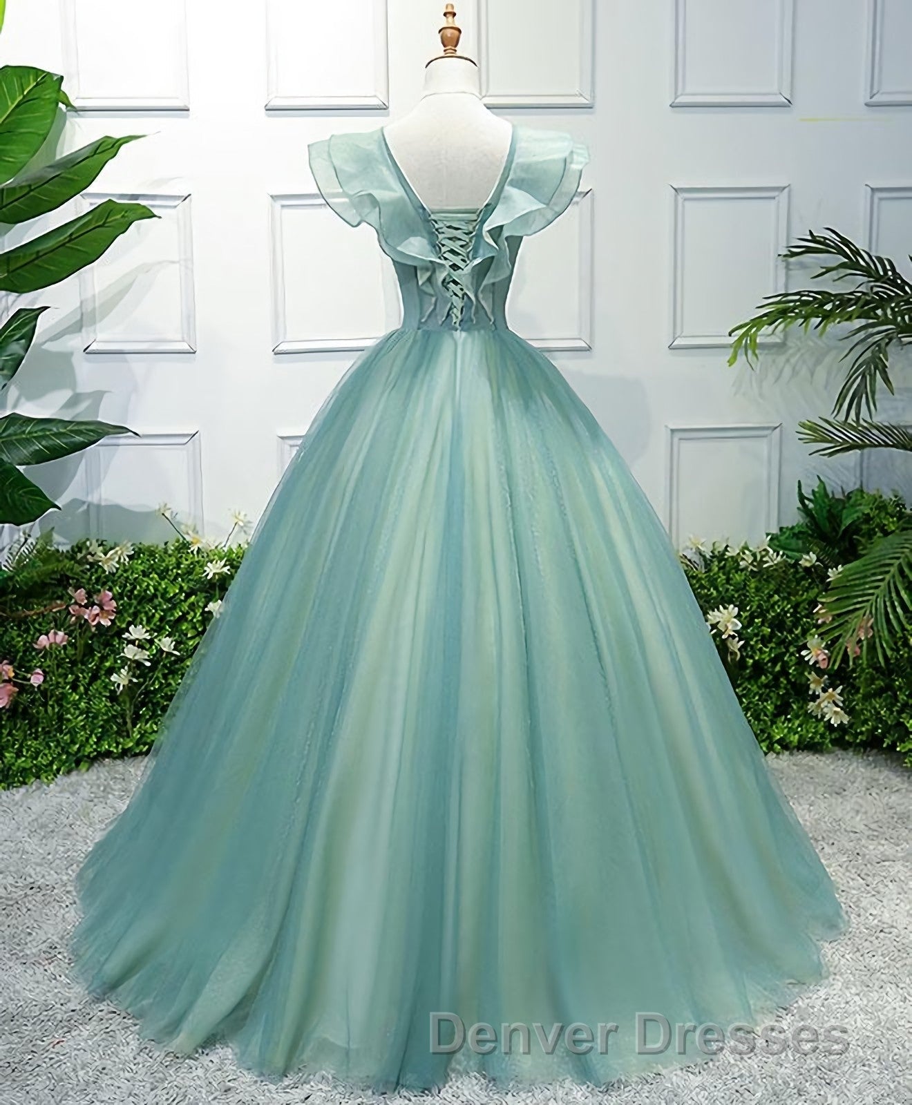 Green V Neck Tulle Long Prom Dress, Green Evening Dress Secondary image