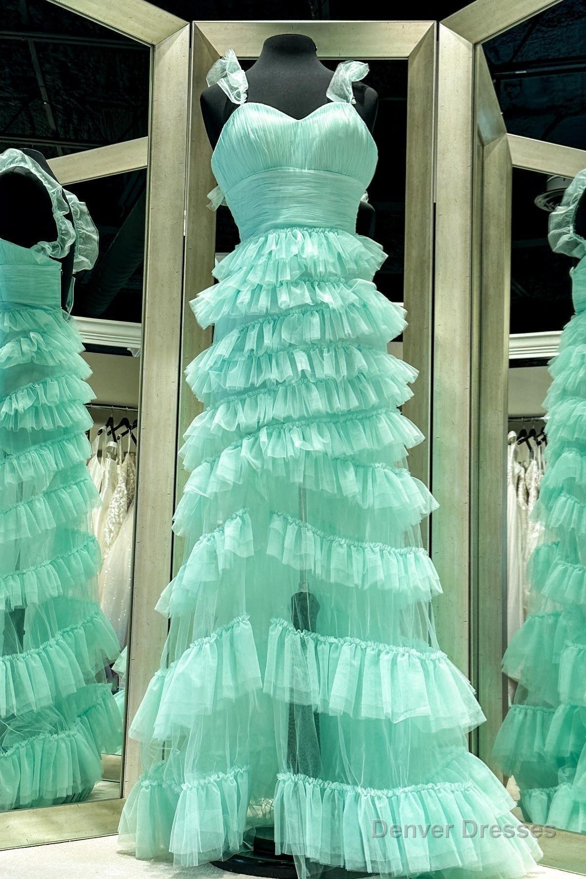 Mint Green Ruffle Straps A-line Multi-Layers Long Prom Dress Main image