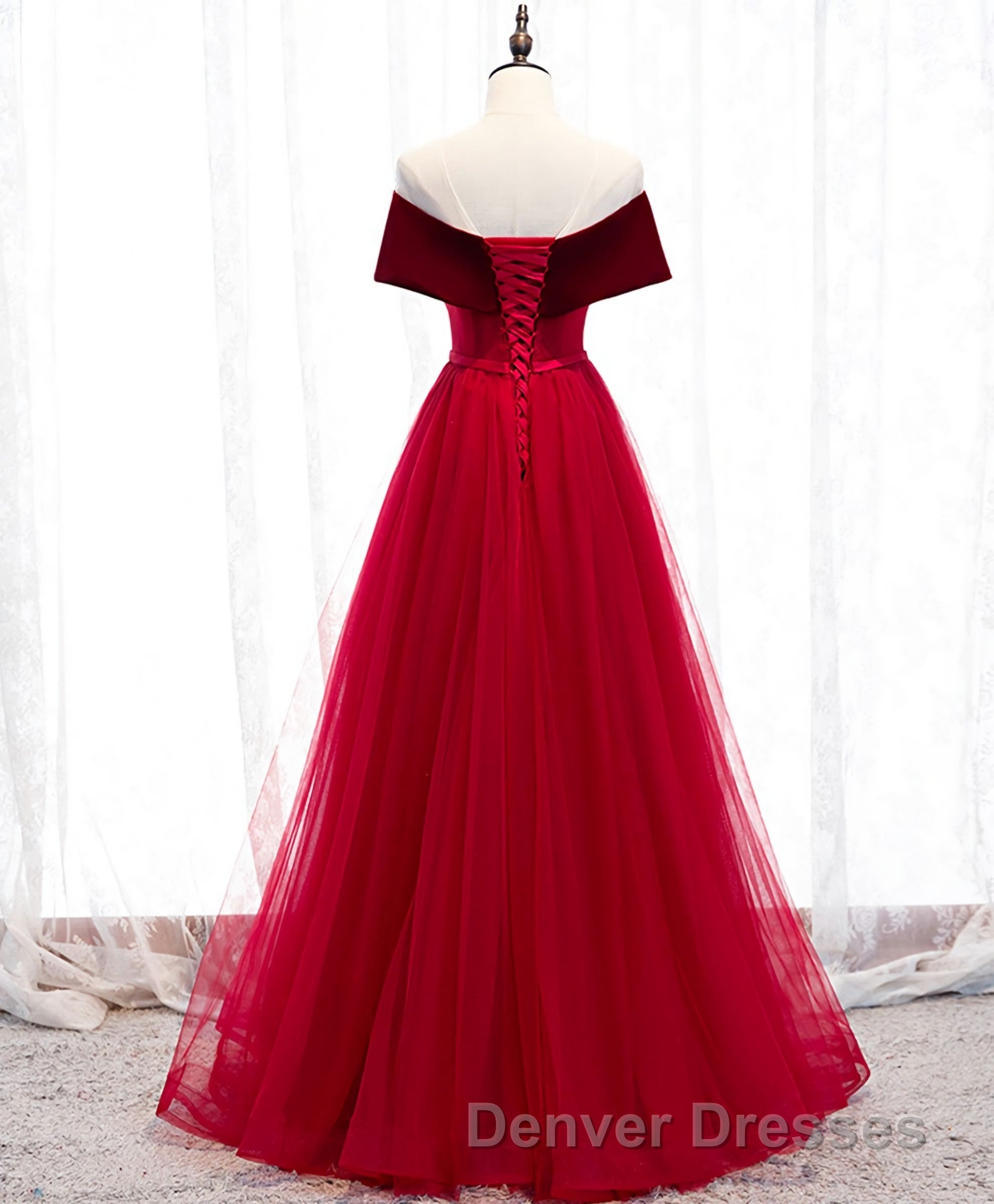 Burgundy Tulle Off Shoulder Long Prom Dress, Burgundy Formal Dress Secondary image