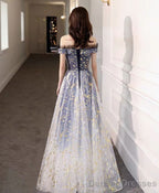 Blue Tulle Off Shoulder Lace Long Prom Dress Tulle Formal Dress