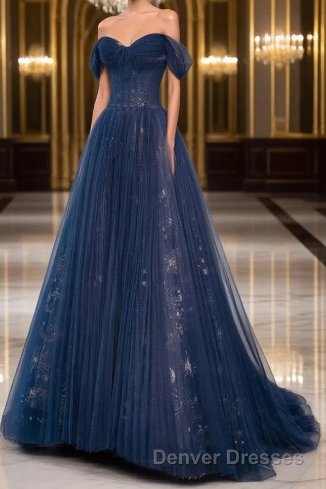 A-Line Off Shoulder Tulle Lace Dark Blue Long Prom Dress, Dark Blue Long Evening Dress Main image