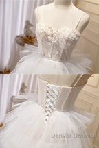 3D Flowers Spaghetti Straps Beading Ivory Tulle Wedding Dress
