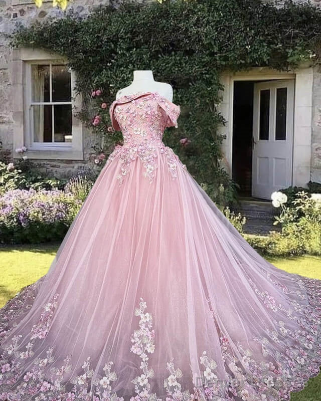 3D Lace Embroidery Off-The-Shoulder Ball Gown Dress