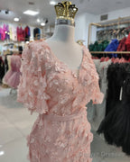 3D Lace Flowers Mermaid V Neck Puffy Sleeves Dresses