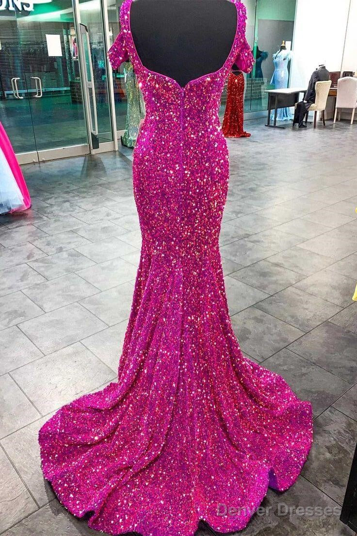 4 Fuchsia Sequin Formal Dresses Cold-Shoulder Mermaid Prom Dress Long Secondary image