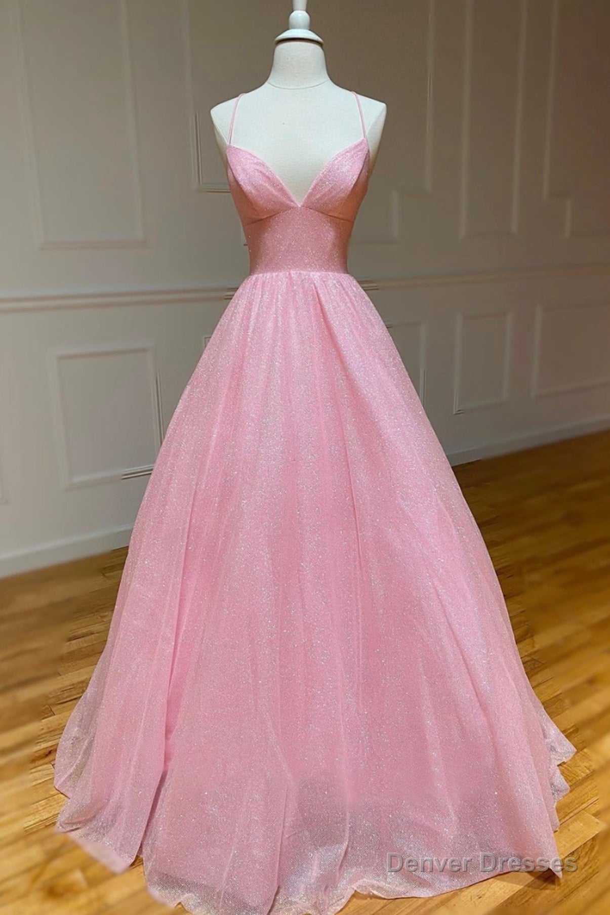 Pink V-Neck Tulle Long Prom Dresses, A-Line Backless Evening Dresses Main image