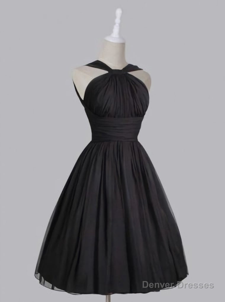 Vintage A Line Straps Knee Length Chiffon Sash Backless Black Party Homecoming Dresses Secondary image