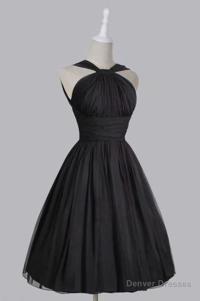 Vintage A Line Straps Knee Length Chiffon Sash Backless Black Party Homecoming Dresses