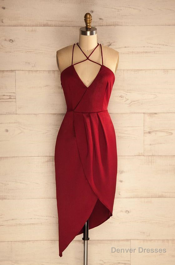 Sheath Halter Asymmetrical Dark Red Satin Homecoming Dress Main image