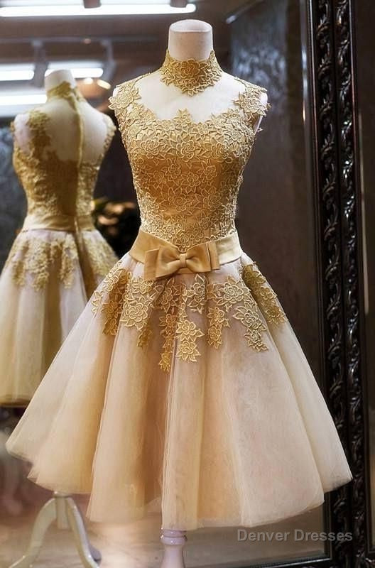 A-Line High Neck Knee-Length Champagne Short Homecoming Dress 2025 with Appliques Main image