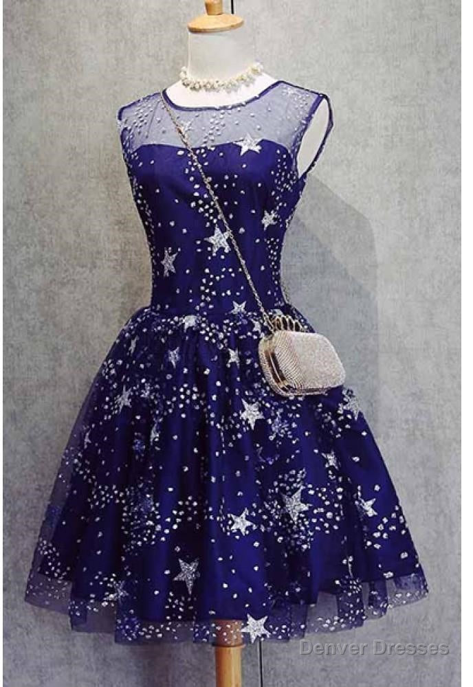 A-Line Scoop Royal Blue Tulle Short Homecoming Dress 2025 with Appliques