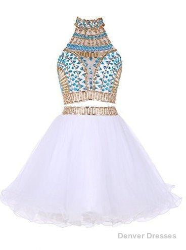 Two Piece High Neck White Tulle Short Homecoming Dress 2025 with Beading Rhinestone Main image