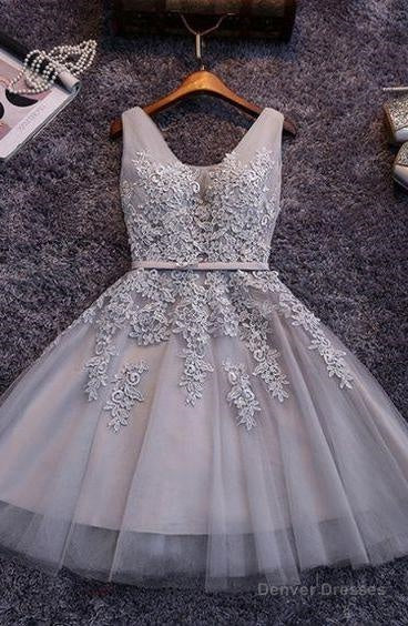 Princess/A-Line V-Neck Appliques Gray Tulle Homecoming/Prom Dresses Secondary image