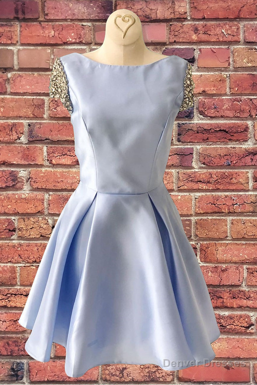 V-Back Short Sleeves Sky Blue Homecoming Dress with Crystals Main image