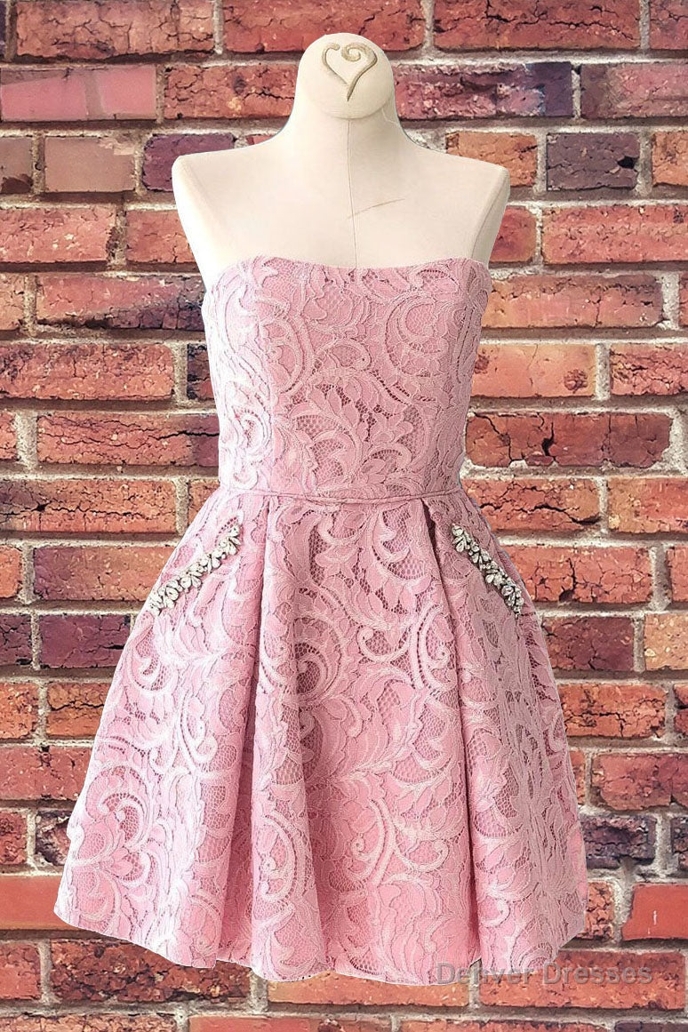 Strapless Lace Pink Homecoming Dress with Pockets Main image