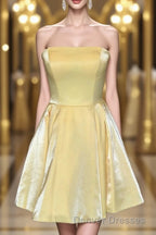 Strapless Lace-Up Yellow Satin Homecoming Dress