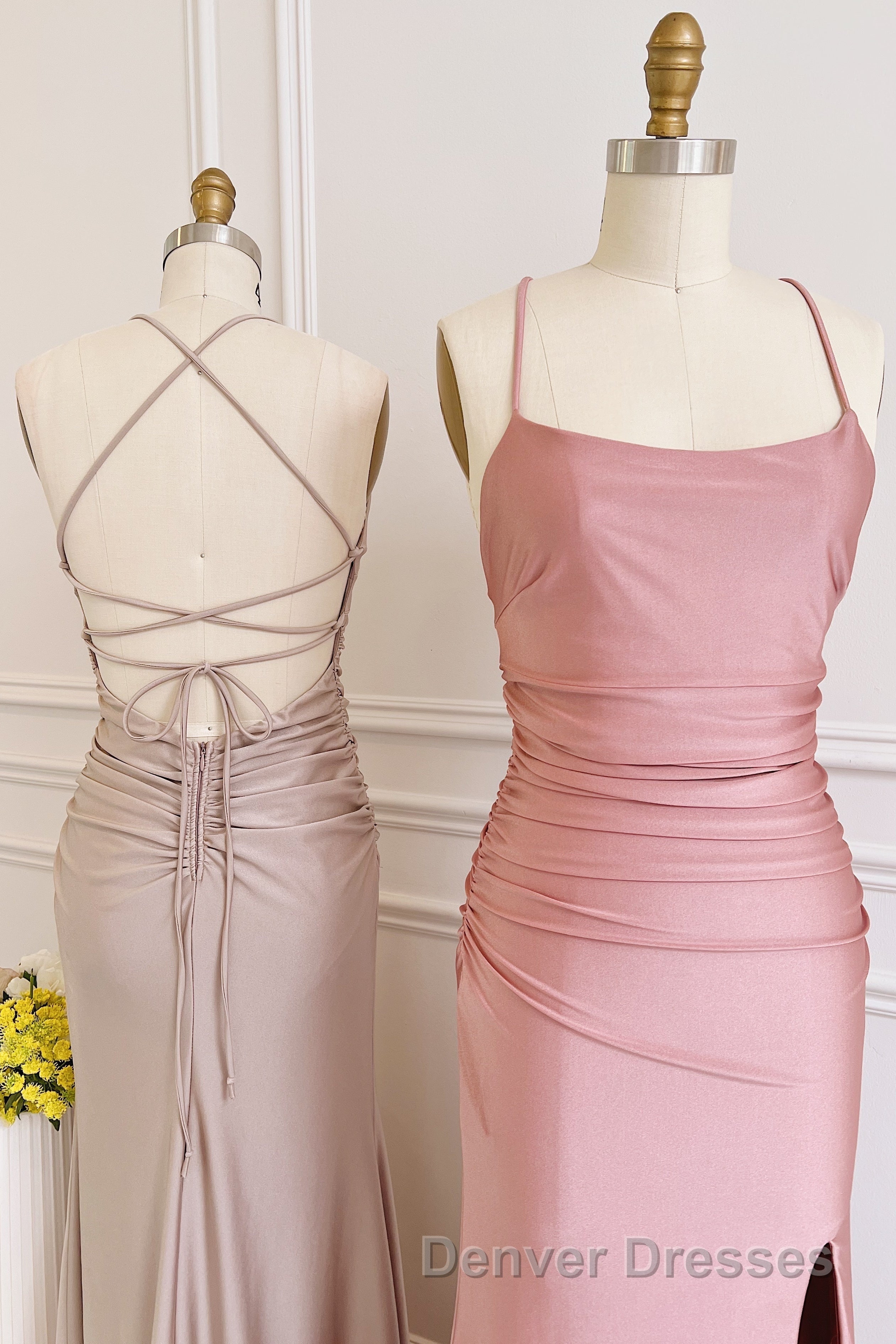 Dusty Pink Satin Lace-Up Sheath Long Bridesmaid Dress with Slit Secondary image