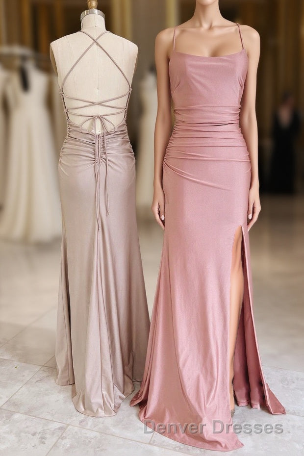 Dusty Pink Satin Lace-Up Sheath Long Bridesmaid Dress with Slit Main image