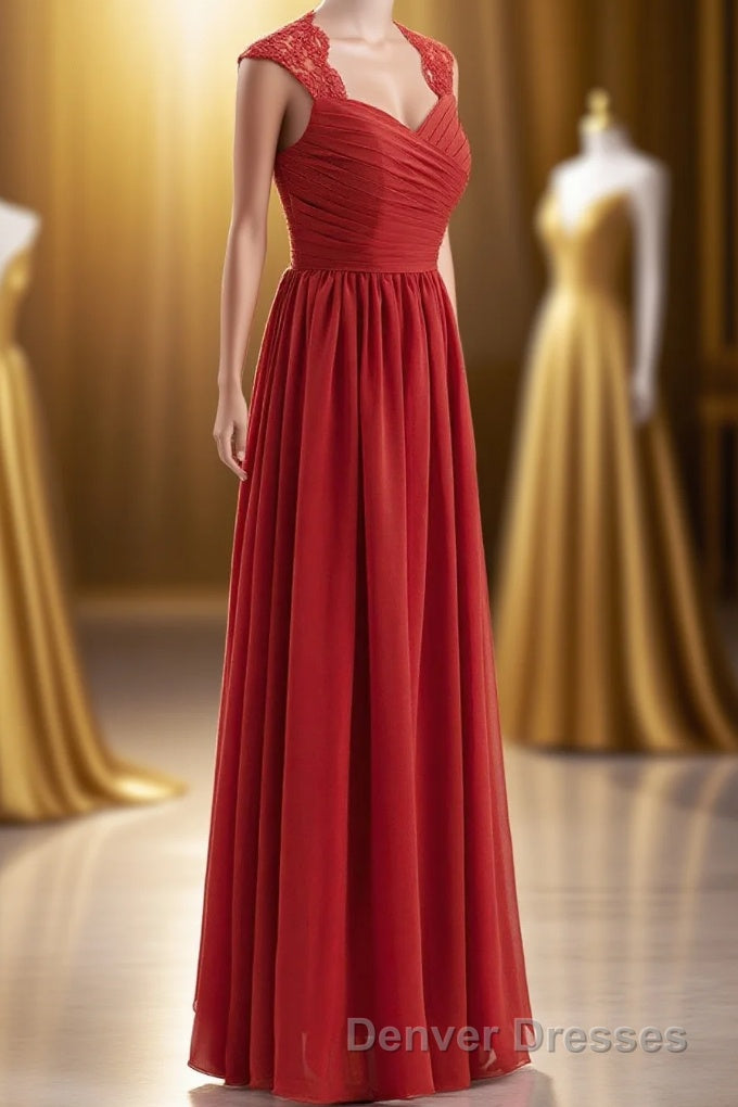 Elegant Red Chiffon Pleated A-line Long Bridesmaid Dress Main image