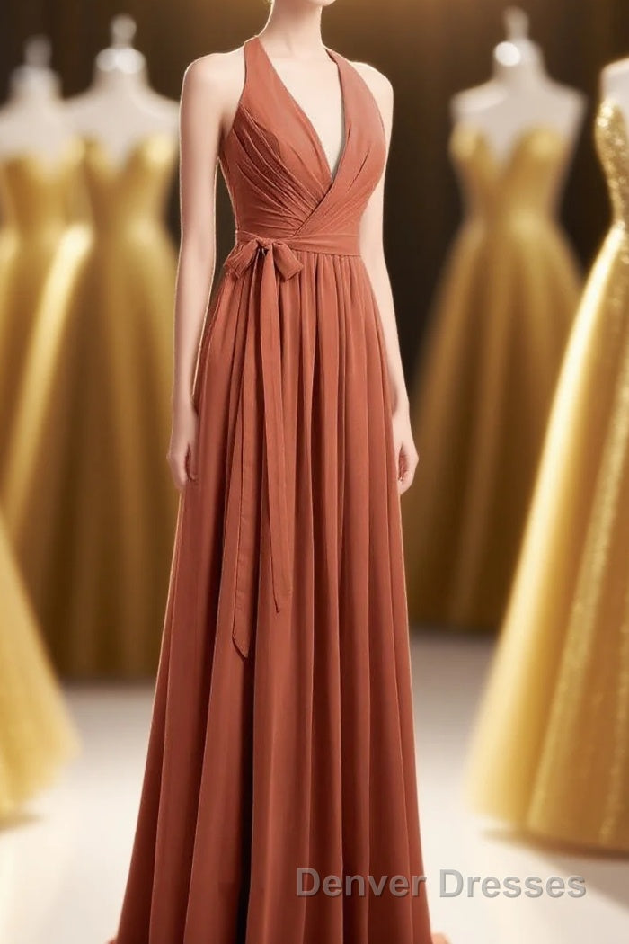 Rust Orange Wrap A-Line Long Dress