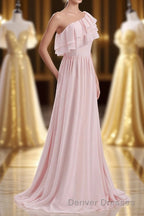 Ruffles Pink One Shoulder Chiffon A-line Long Bridesmaid Dress