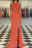 Fitted Criss Coss Neck Orange Prom Dress with Slit