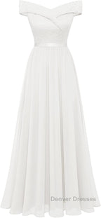 Womens Lace Bridesmaid Dress A-Line Off Shoulder Floral Lace Chiffon Prom Dress