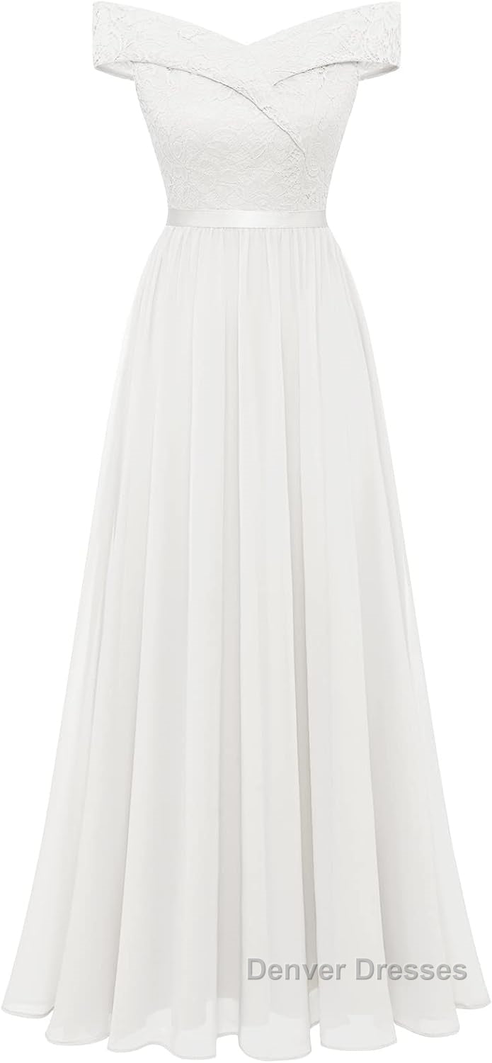 Womens Lace Bridesmaid Dress A-Line Off Shoulder Floral Lace Chiffon Prom Dress